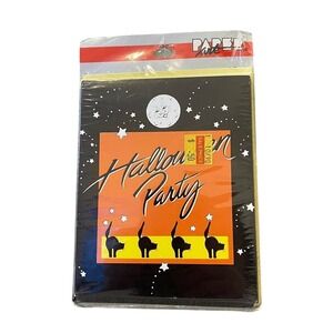 Lot of 8 Vintage black cat Halloween Party Invitations Greetings party art 90's